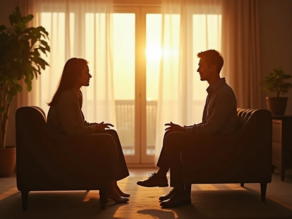 Two people sitting calmly facing each other in a sunlit living room, engaged in a respectful conversation, soft warm ton