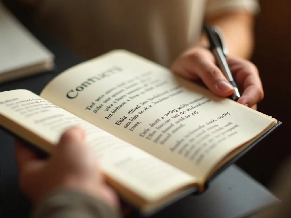 Close-up of hands holding a journal with handwritten notes about conflict resolution, a pen resting beside it, warm natu