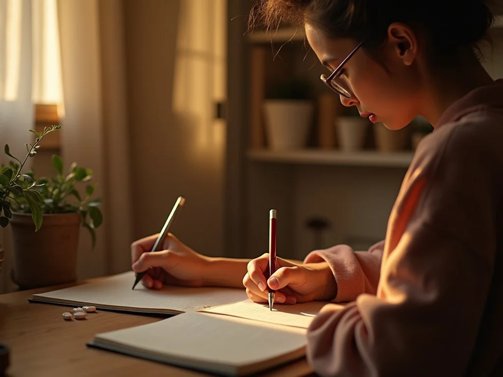 Person journaling at a wooden desk in warm morning light, a quiet moment of self-reflection