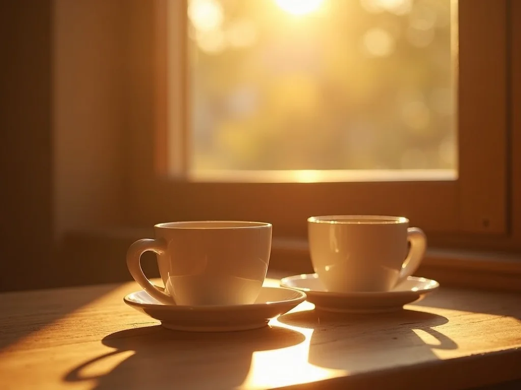 Two ceramic coffee cups on a wooden table by a sunlit window, cozy intimate morning setting