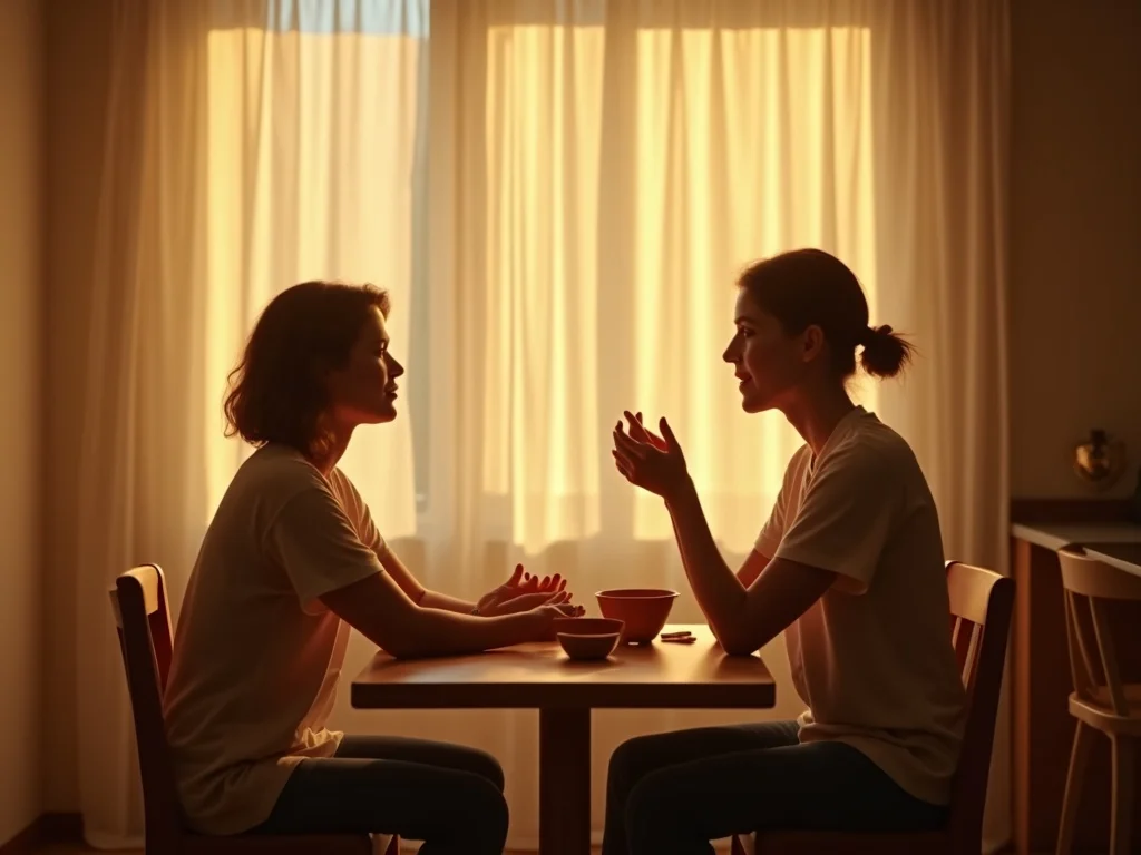 Couple having conversation at kitchen table