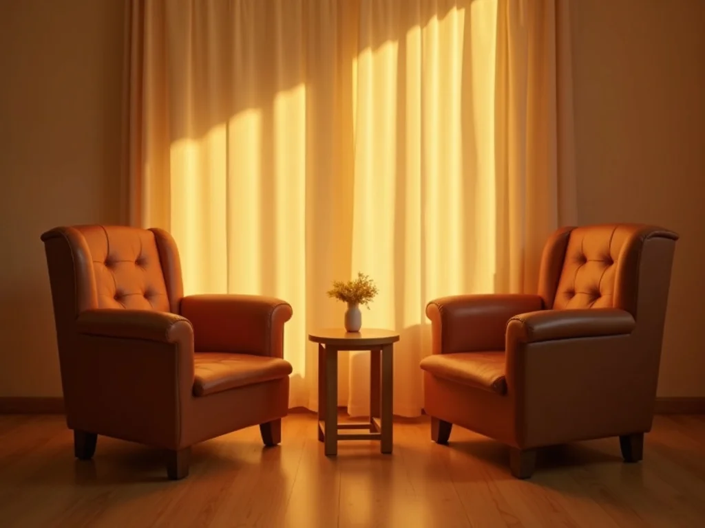 Empty chairs in warm golden light representing relationship communication gap
